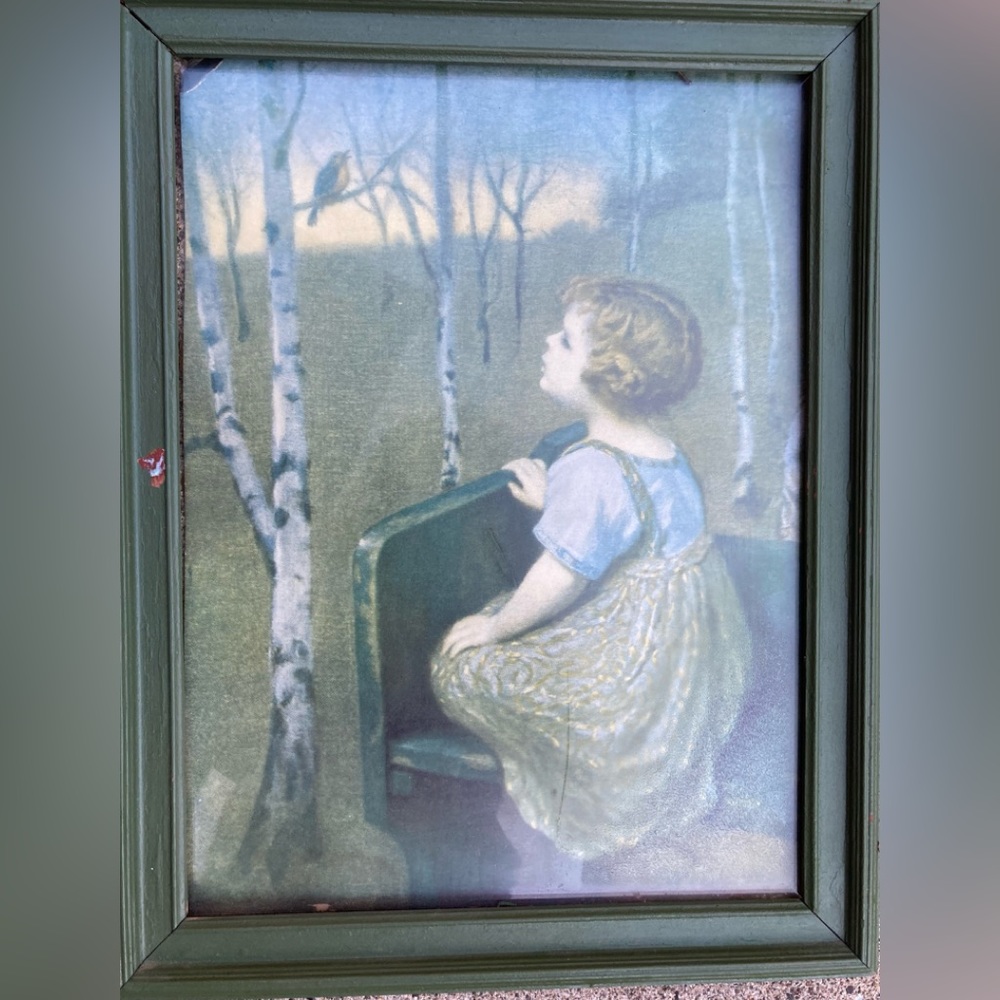 Antique Green Wood Frame & Glass “Song Bird” Print Picture
